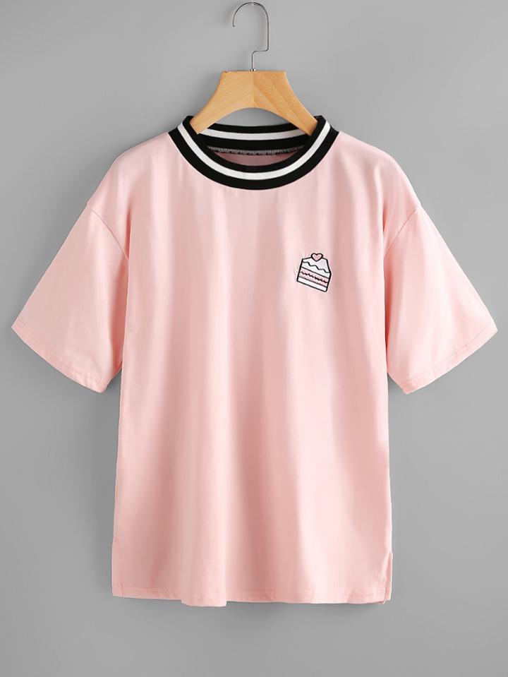 Romwe Cake Embroidered Striped Neck Tee