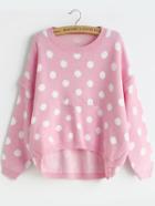 Romwe Dotted Dip Hem Pink Sweater