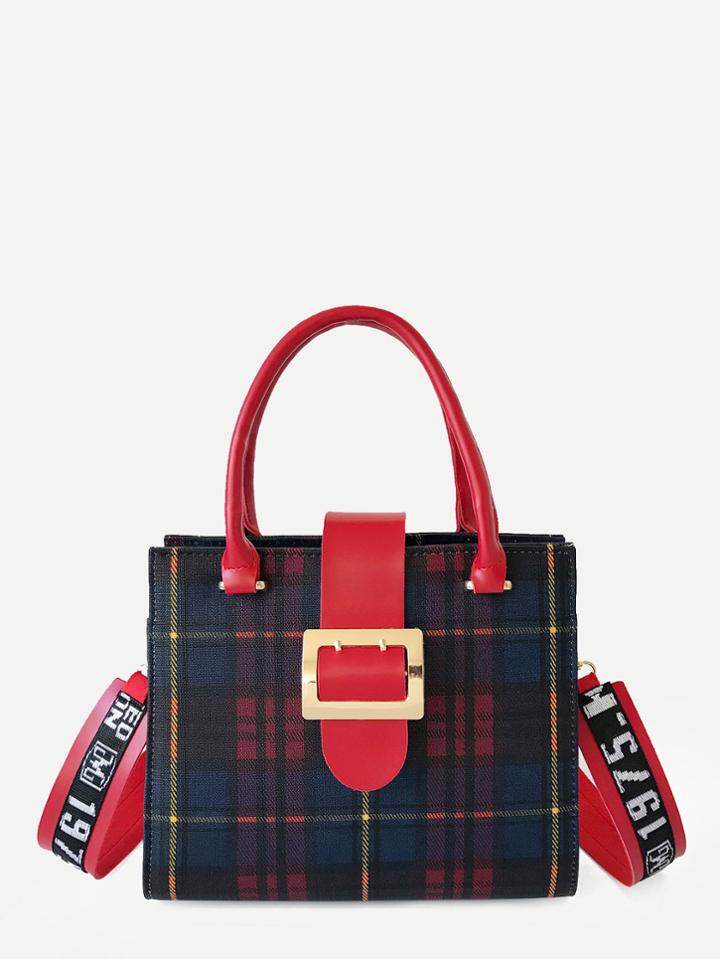 Romwe Buckle Decor Plaid Pu Shoulder Bag