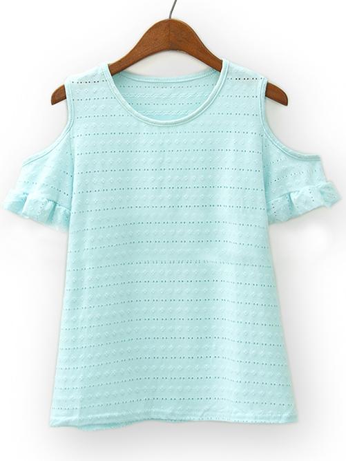 Romwe Green Open Shoulder Ruffle Sleeve T-shirt