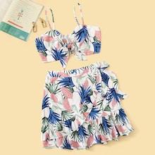 Romwe Plus Knot Leaf Print Shirred Top With Tiered Layer Wrap Skirt