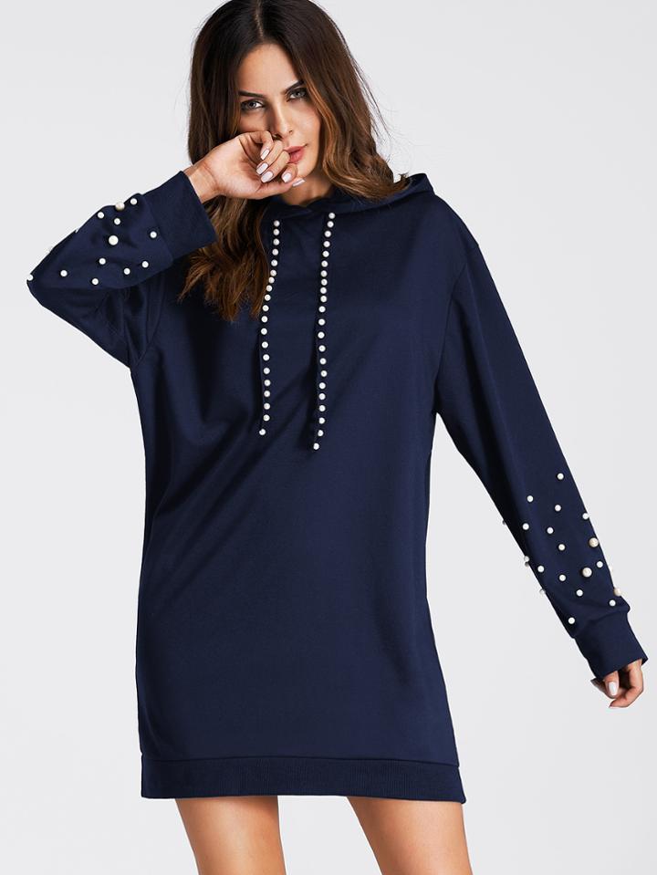 Romwe Pearl Beaded Detail Hoodie Dress