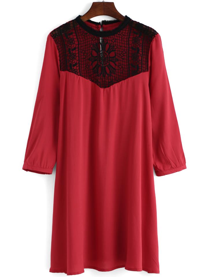 Romwe Lace Crochet Hollow Shift Red Dress