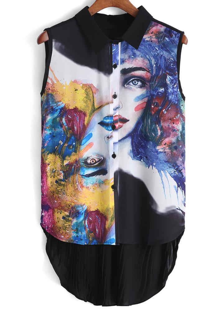 Romwe Lapel Dip Hem Painted Print Black Blouse