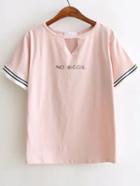 Romwe Pink Letter Print Cut Out Tee With Fringe Cuff