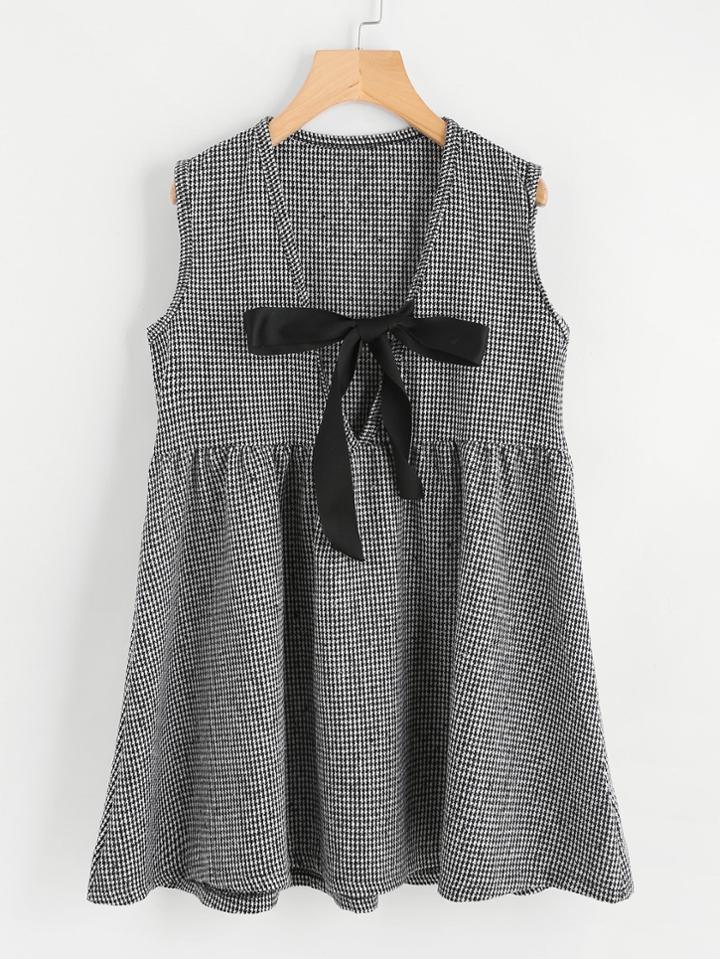 Romwe Deep V Neckline Houndstooth Smock Dress
