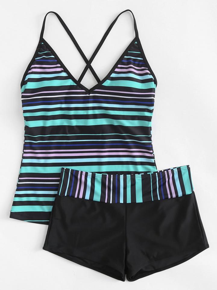 Romwe Criss Cross Striped Tankini Set