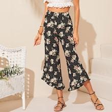 Romwe Zipper Fly Ruffle Hem Flare Leg Pants