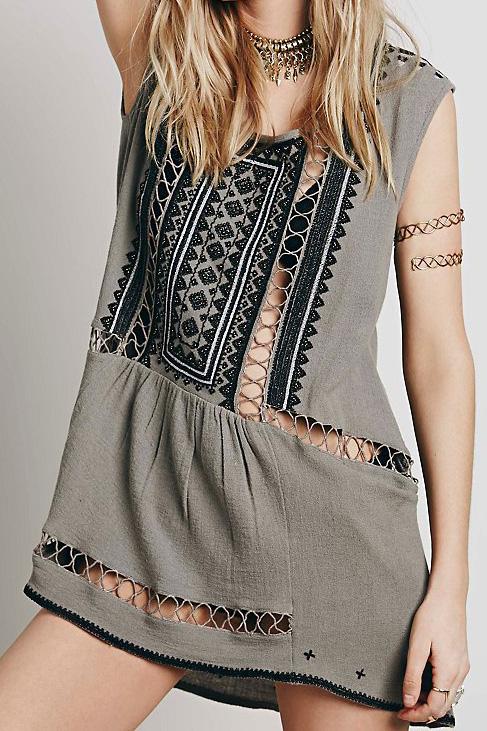 Romwe With Bead Hollow Embroidered Dress