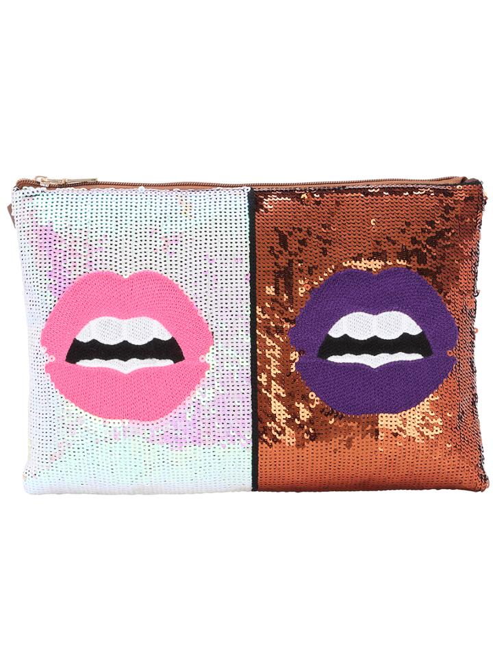 Romwe Embroided Lips Sequine Featured Brown Clutch Bag