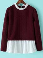 Romwe Contrast Flouncing Hem Cable Pattern Red T-shirt