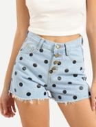 Romwe Buttoned Fly Polka Dot Print Light Blue Denim Shorts