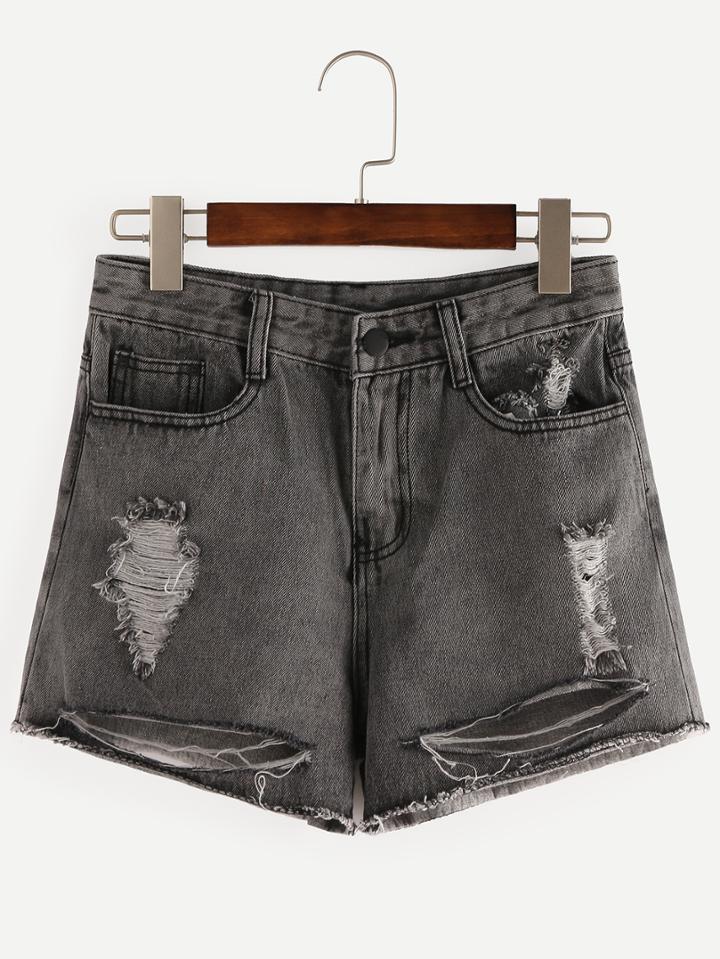 Romwe Grey Ripped Denim Shorts