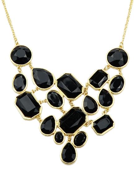 Romwe Black Gemstone Gold Splice Necklace