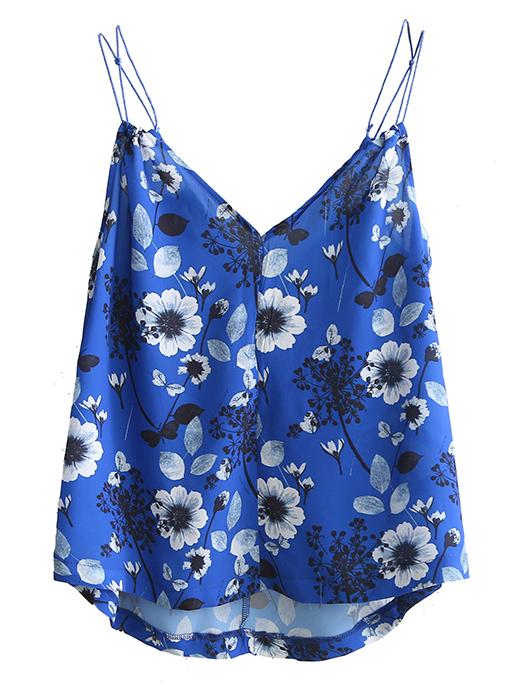 Romwe Blue V Neck Floral Cami Top