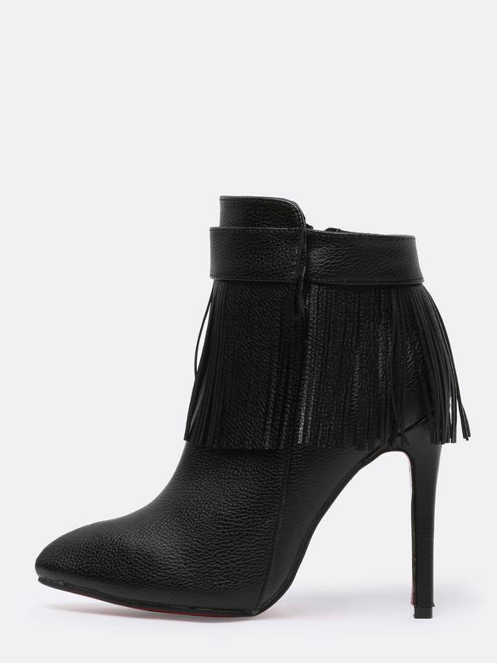 Romwe Black High Heel Tassel Pu Boots