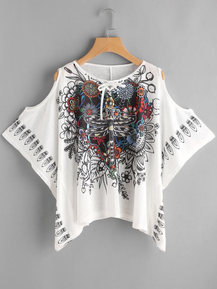 Romwe Open Shoulder Vintage Print Hanky Hem Tie Neck Top