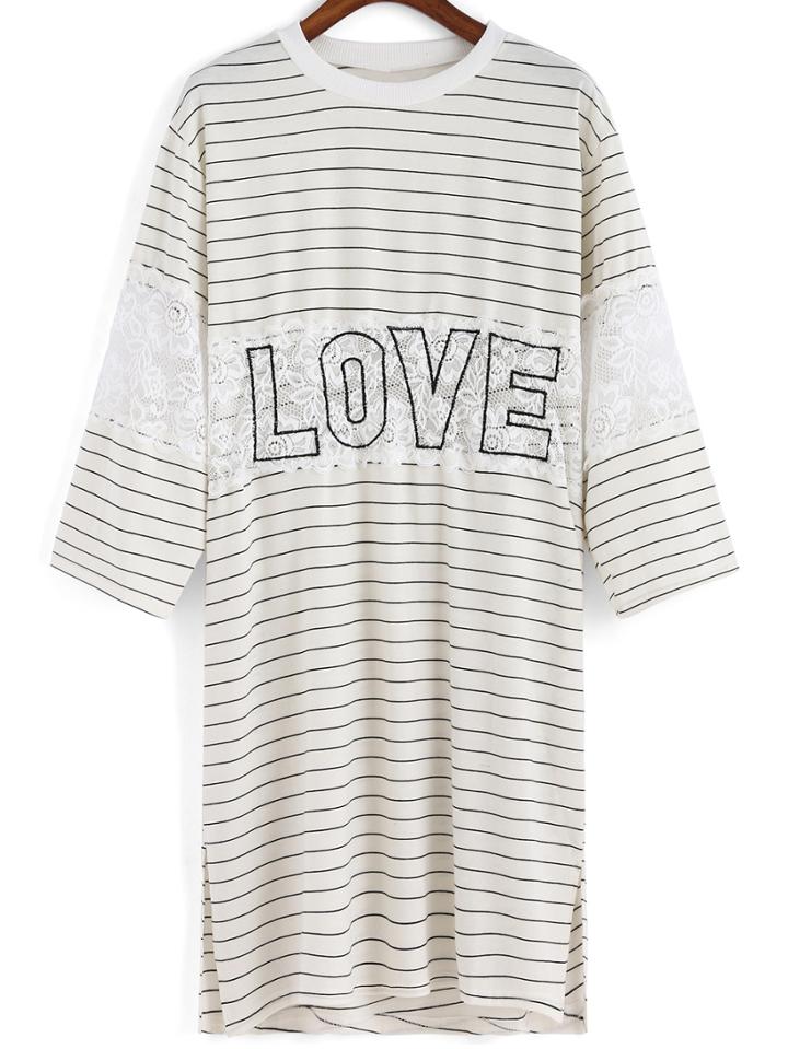 Romwe Lace Insert Striped Letter Print White Dress