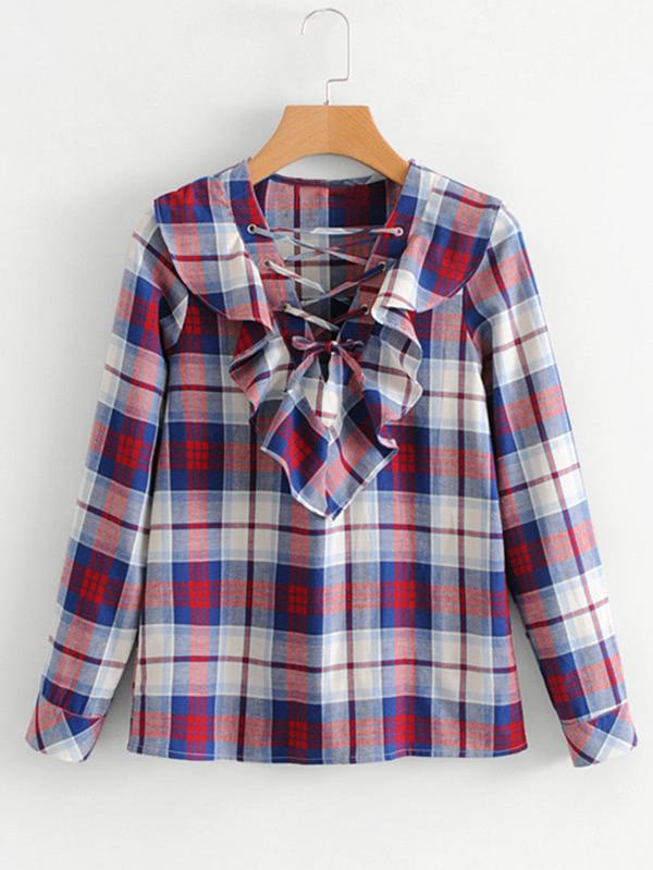 Romwe Lace Up Neck Flounce Trim Plaid Blouse