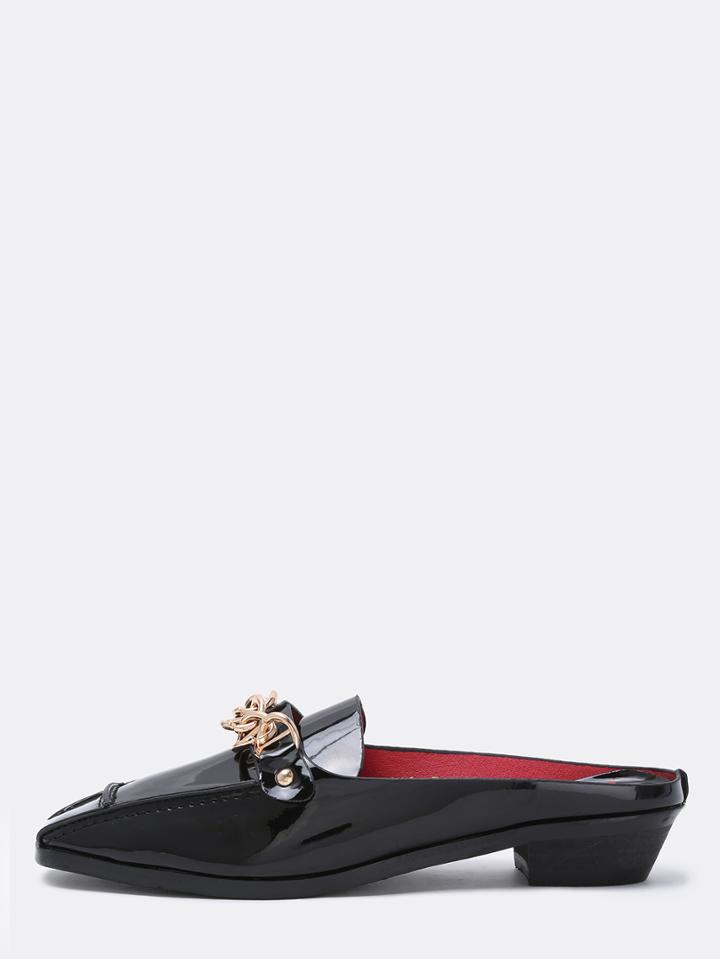 Romwe Black Petent Gold Chain Backless Loafers