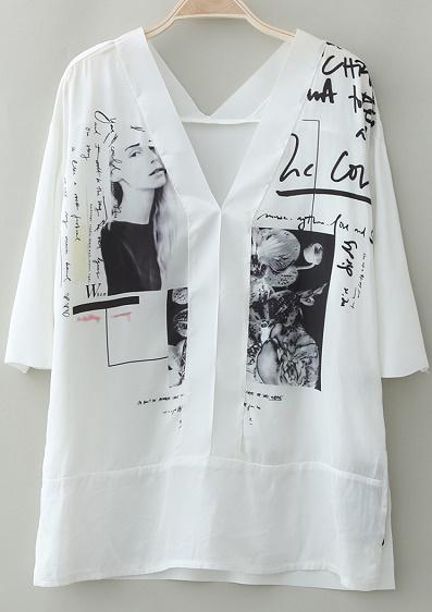 Romwe White V Neck Portrait Print Loose Blouse