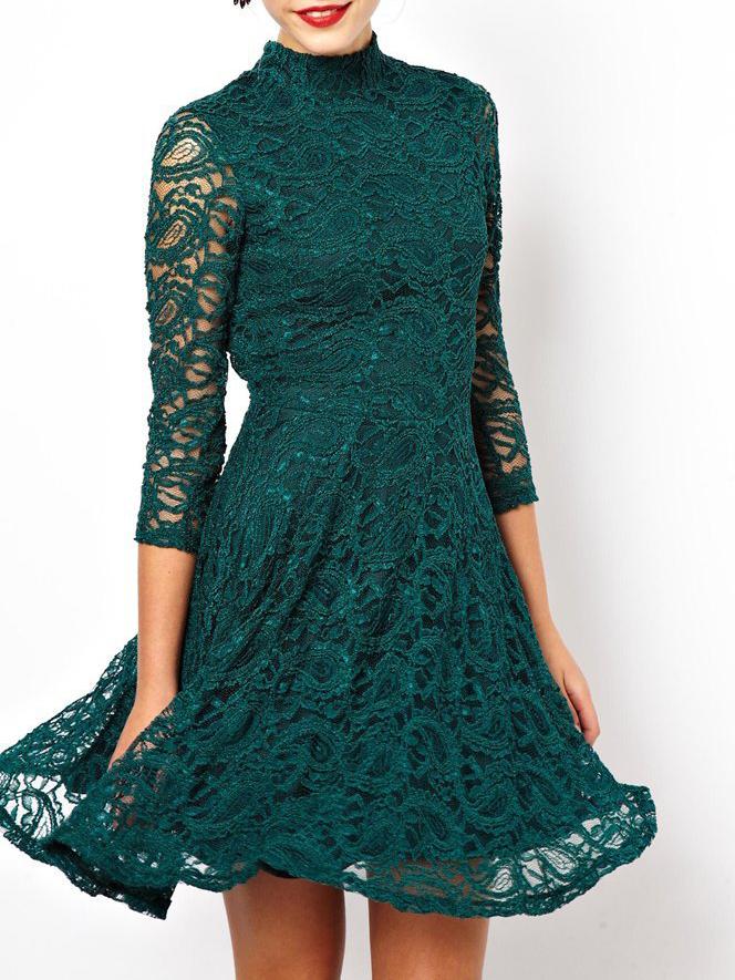 Romwe Stand Collar Open Back Lace A-line Dark Green Dress