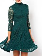 Romwe Stand Collar Open Back Lace A-line Dark Green Dress