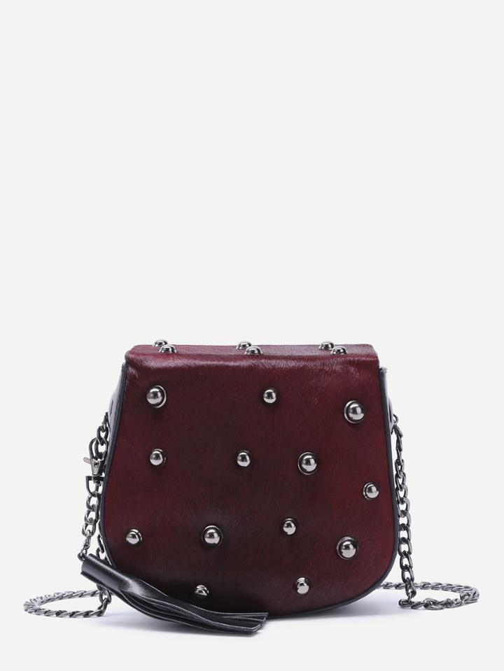 Romwe Burgundy Tassel Trim Studded Horse Hair Crossbody Bag