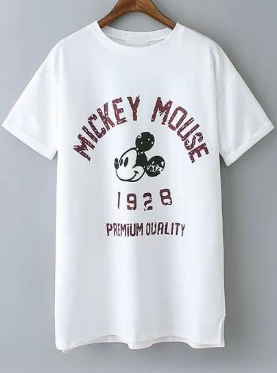 Romwe Mickey Print Side Split White T-shirt