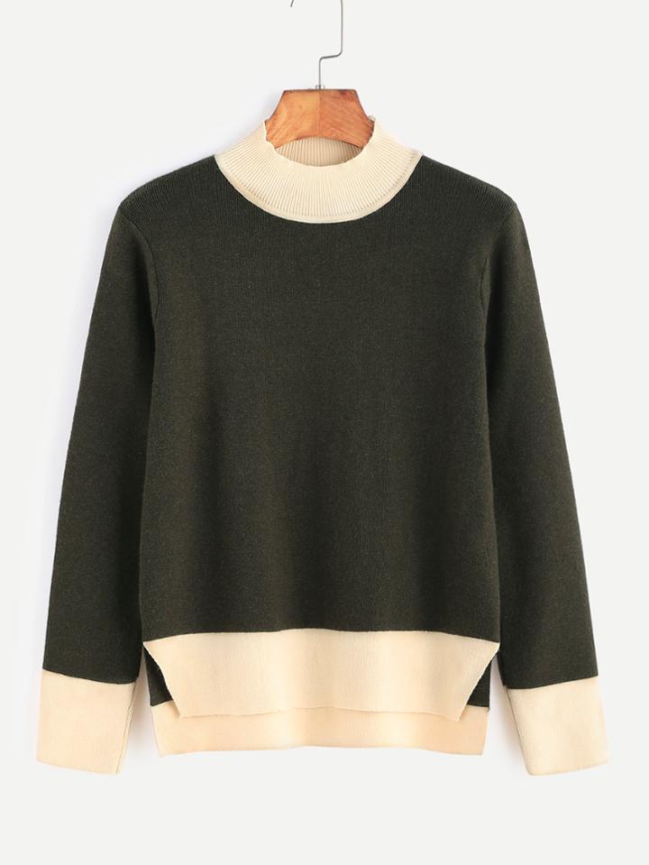 Romwe Army Green Contrast Mock Neck High Low Slit Sweater