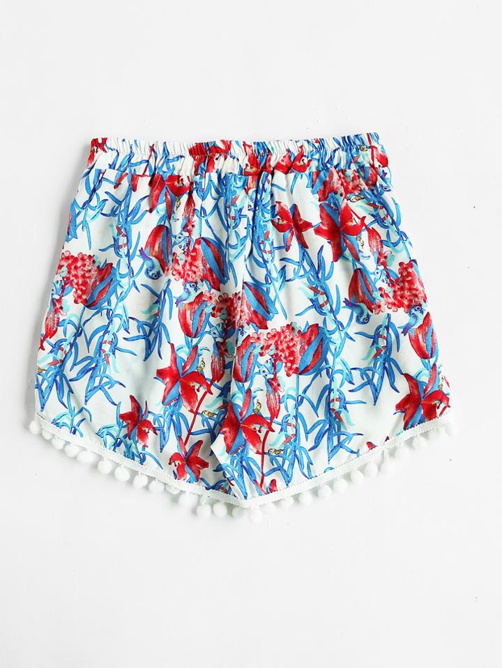Romwe All Over Printed Pom Pom Trim Shorts