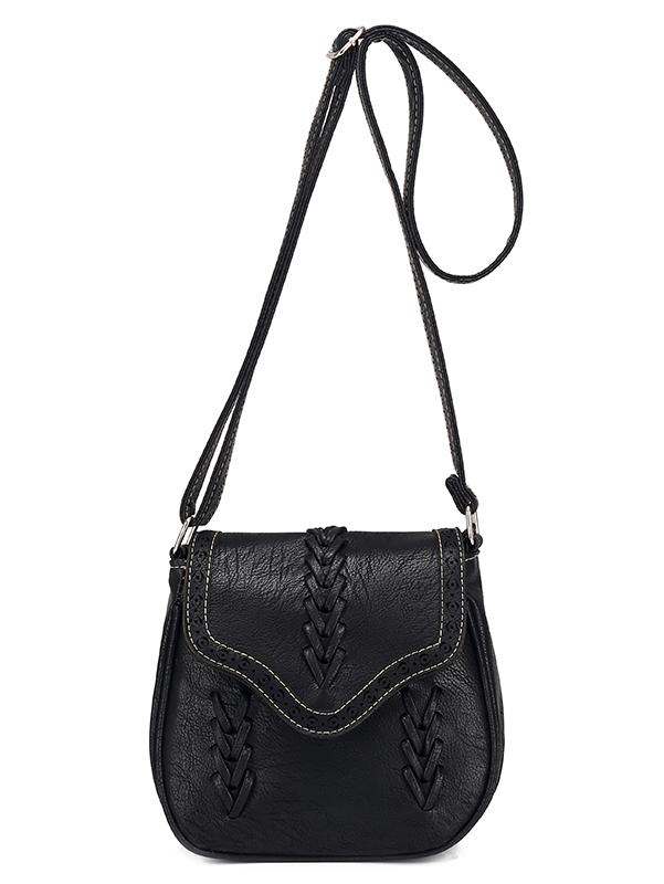 Romwe Braided Laser-cut Flap Saddle Bag - Black