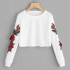 Romwe Rose Applique Crop Sweatshirt