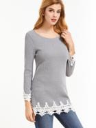Romwe Grey Contrast Crochet Ribbed T-shirt