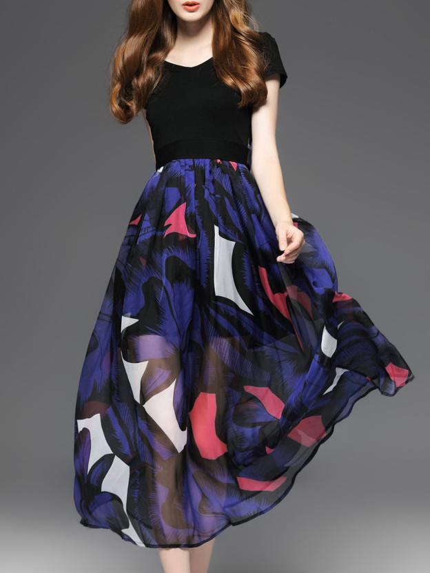 Romwe Black V Neck Print A-line Dress