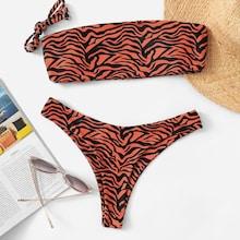 Romwe Zebra Print Bandeau With High Leg Bikini Set