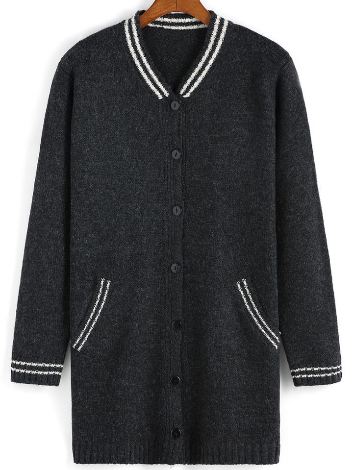 Romwe Striped Buttons Black Coat