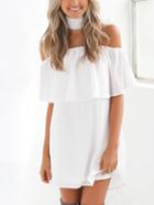 Romwe White Ruffle Off The Shoulder Dress With Neck Tie
