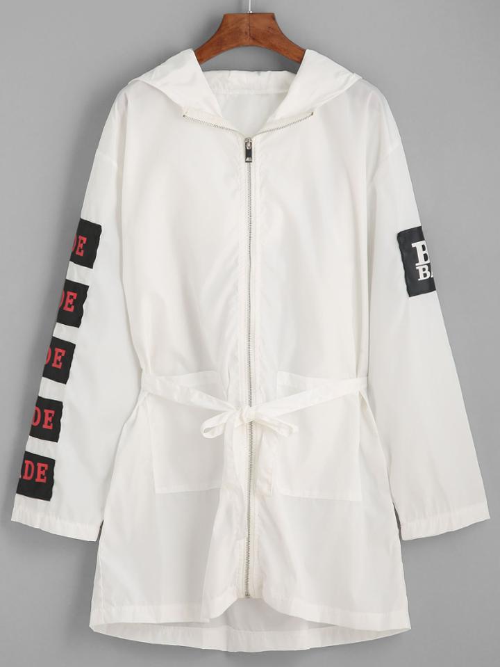 Romwe White Patches Self Tie Hooded Coat