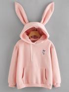 Romwe Rabbit Ear Hooded Embroidered Kangaroo Pocket Sweatshirt