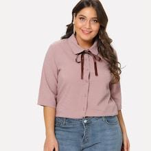 Romwe Plus Tie Neck Striped Shirt