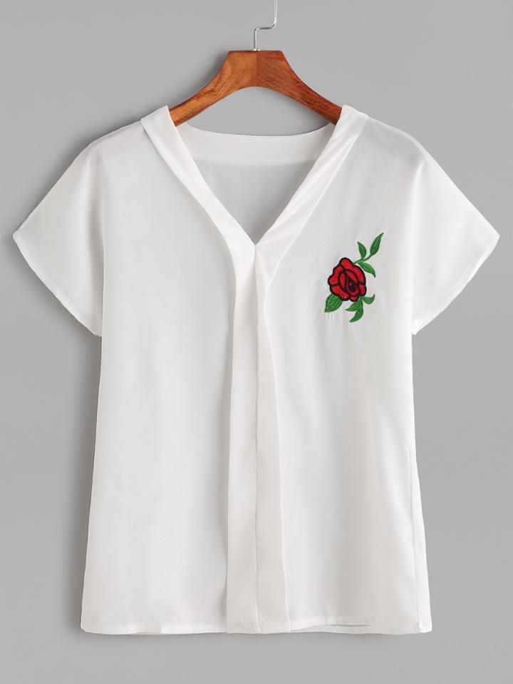 Romwe White V Neck Rose Embroidery Chiffon Top
