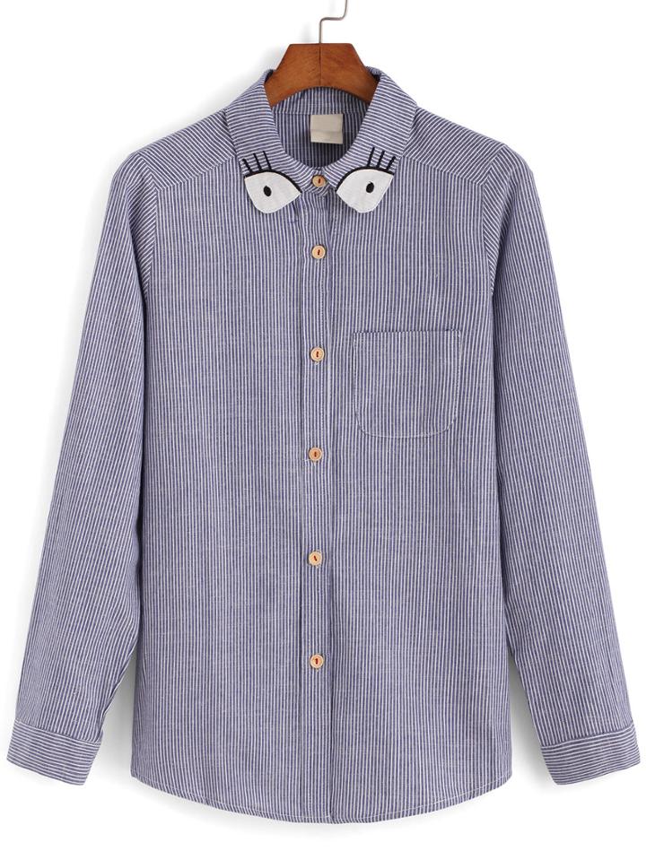 Romwe Lapel Eye Embroidered Vertical Striped Blue Blouse
