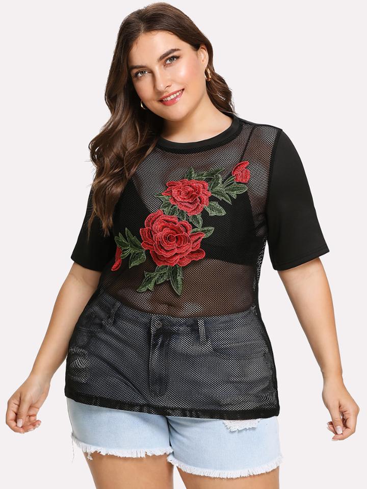 Romwe 3d Embroidered Applique Fishnet Tee