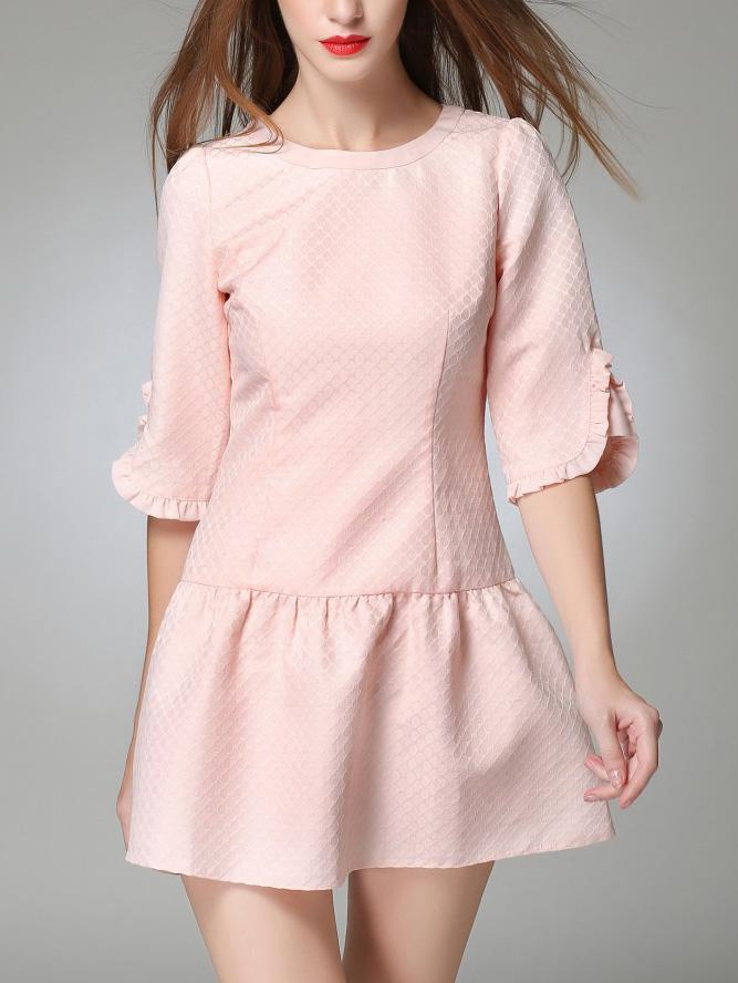 Romwe Pink 3/4 Sleeve Flounce Hem Drop Waist Dress
