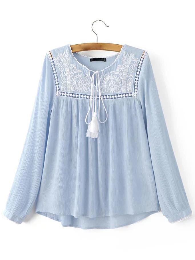 Romwe Blue Tie Neck Crochet Dipped Hem Blouse
