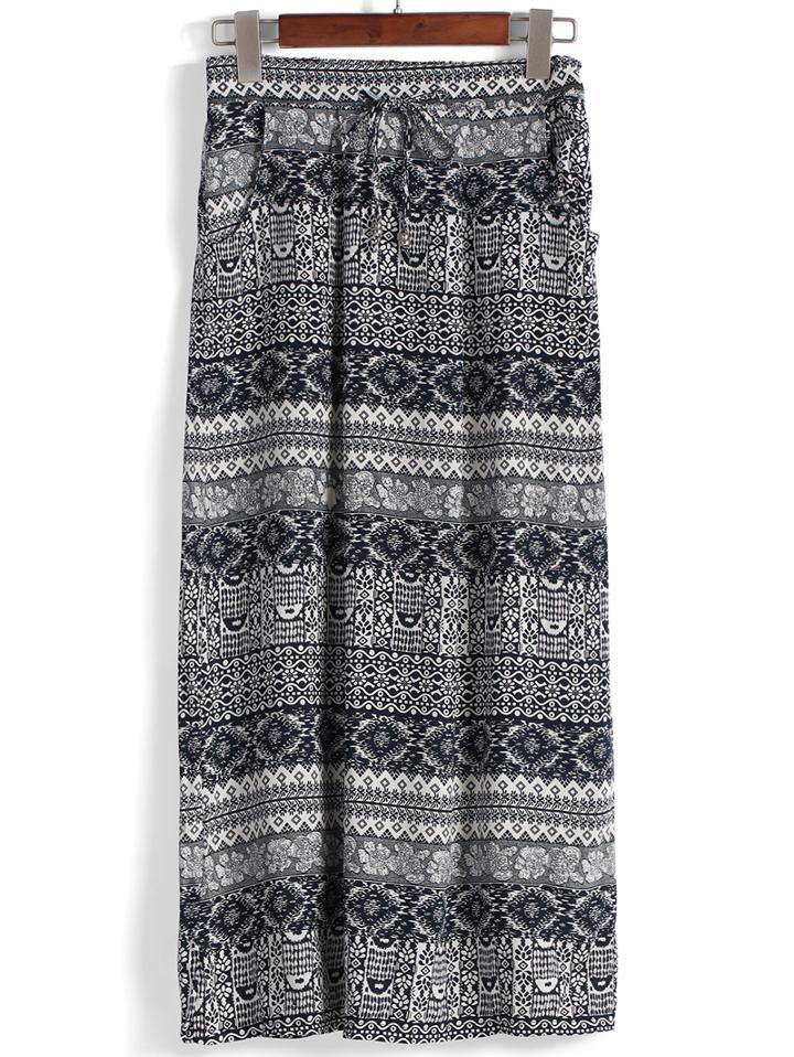 Romwe Drawstring Vintage Print Skirt