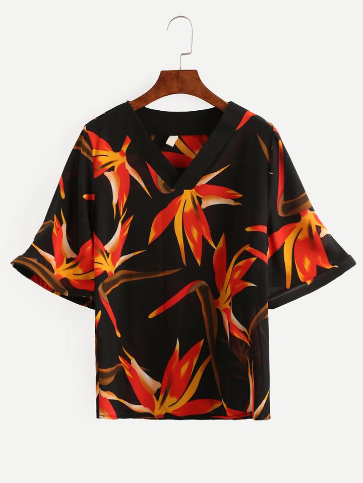 Romwe Black Floral Print V Neck Bell Sleeve Chiffon Top