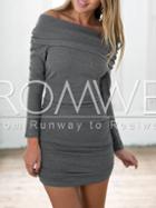 Romwe Grey Long Sleeve Off The Shoulder Ruched Bodycon Dress