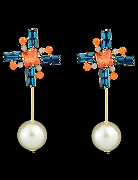 Romwe Gold Gemstone Pearl Earrings